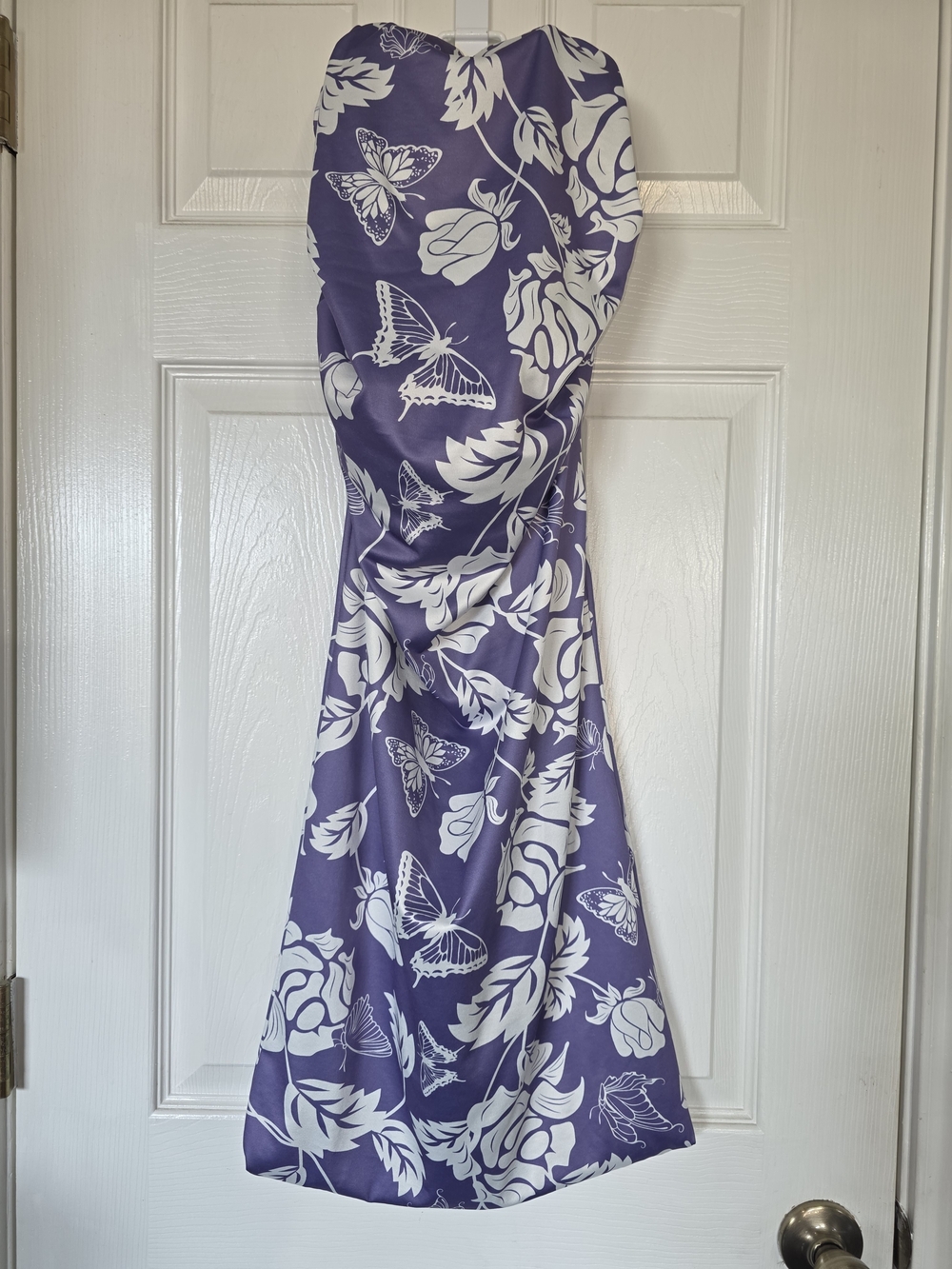 Elegant Purple Satin Scarf Wrap with White Floral & Butterfly Print